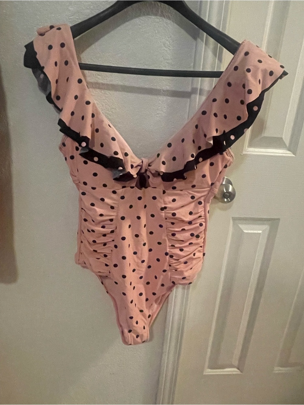 Betsey Johnson Pink with Black Polka Dot Ruffle One-Piece